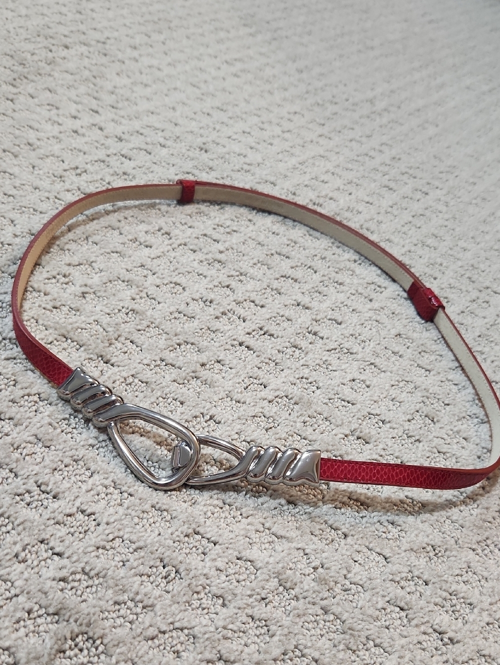 Chico's Red Skinny Adjustible Leather Belt Reptile Embossed Silver Buckle M/L